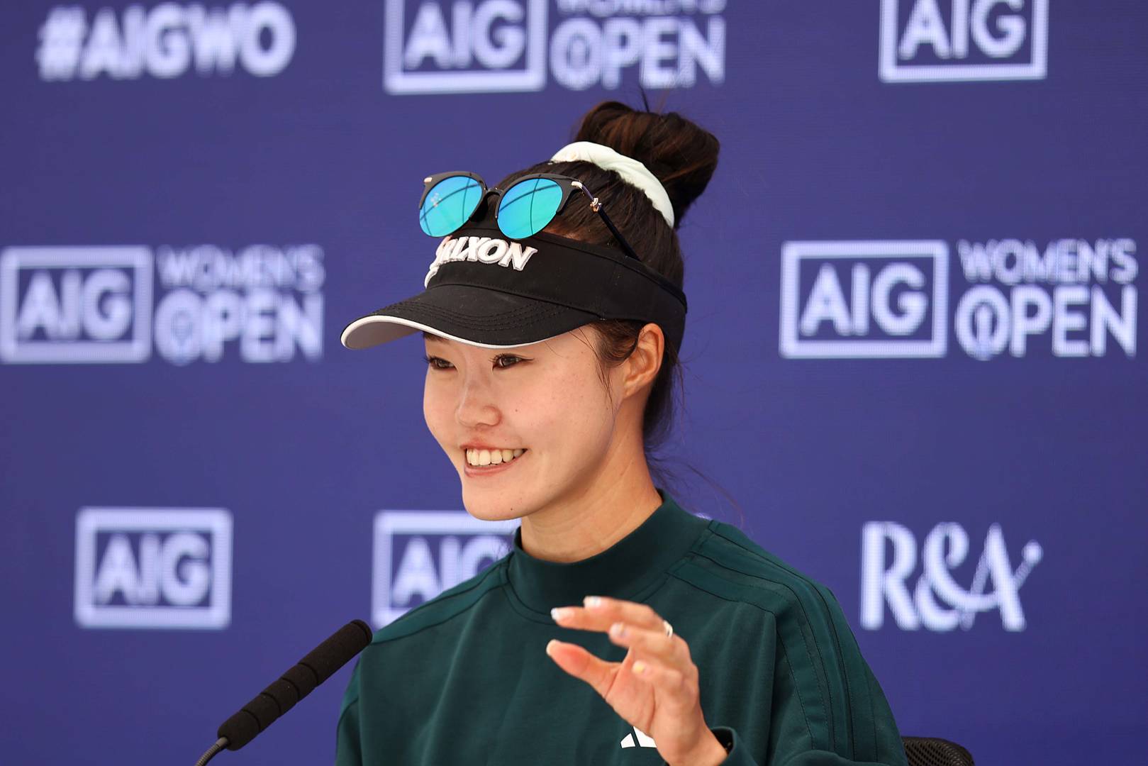 Grace Kim speaks to the press at Royal Porthcawl.
